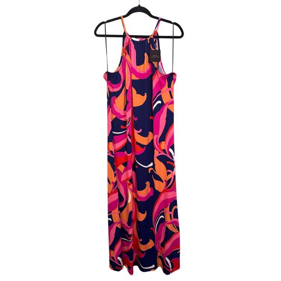 Trina Turk Shift Maxi Dress L Purple Multi Knit Milan Floral Scrolls Halter NWT